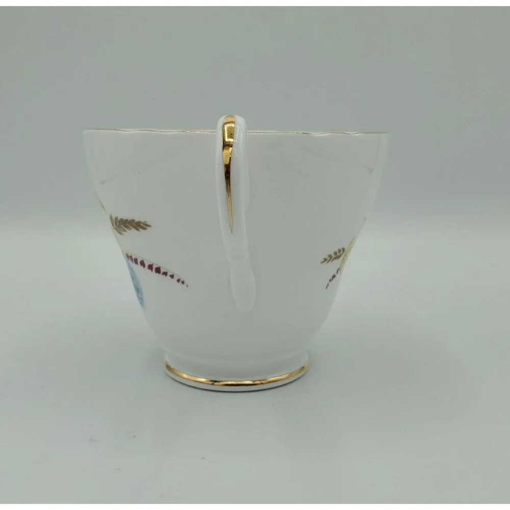 Royal Ascot Tea Cup‎ Saucer Wheat Blue Purple Flower Gold Rim Scallop Footed